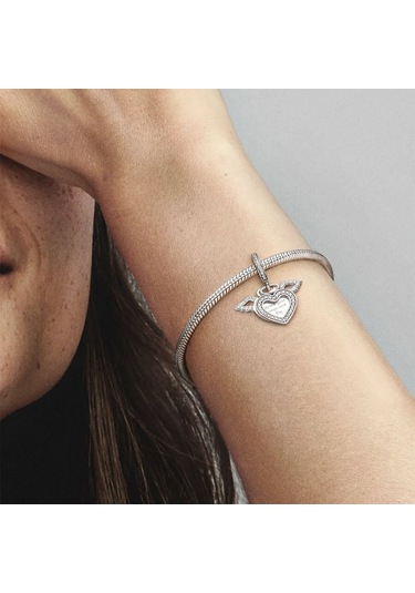 Nur Silver Melek Kanatlı Sallantılı Kalp Gümüş Charm Nur-bl00153