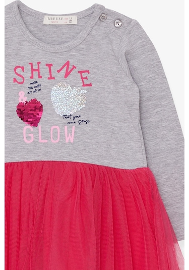 Breeze Kız Çocuk Uzun Kollu Elbise Pullu Yazı Baskılı 1.5-5 Yaş, Gri Melanj