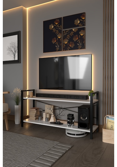 Exen Tv Ünitesi Dekoratif 2 Raflı Metal Ayaklı Tv Sehpası Beyaz