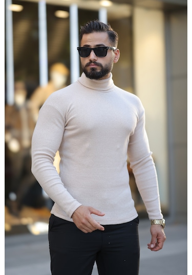 Erkek Bej Boğazlı Triko Kazak Bej