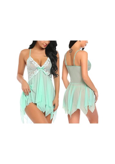 Açık Yeşil Artı Boyutu Kadınlar İçin Yeni Sling Lingerie Derin V Dantel Babydoll Pijama Boudoir Kıyafetler Açık Yeşil