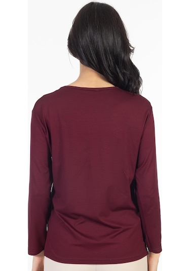 Yeni Model Taş İşlemeli Yuvarlak Yaka Likralı Anne Penye Bluz 6420-vişne Çürüğü