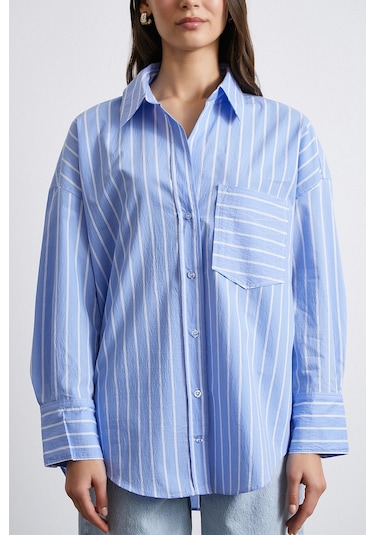 Basic Organik Pamuk Çizgili Gömlek Mavi Mavi