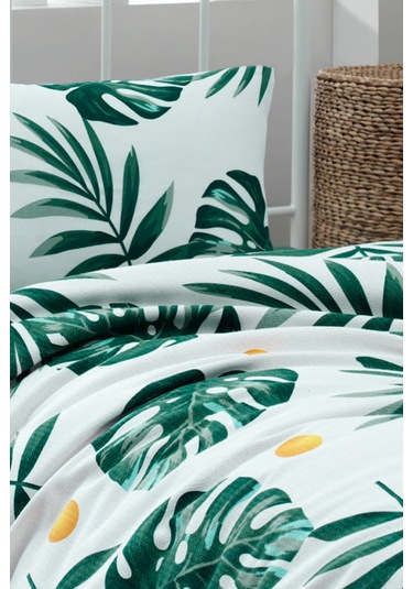 Tek Kişilik Doğal Pike Baskılı Monstera Yeşil Yeşil