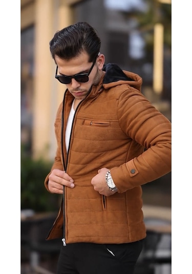 Erkek Taba Dar Kesim Kapüşonlu Süet Mont Taba