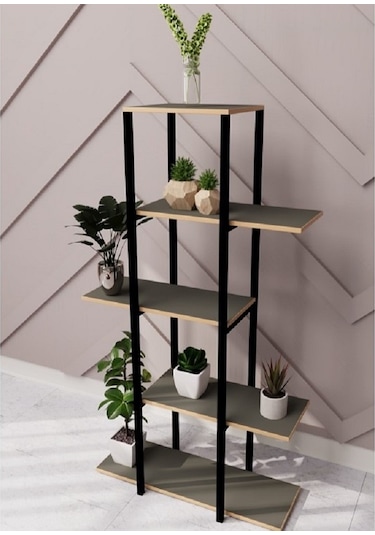 Dekoratif 5 Raflı Metal Çiçeklik Saksı Standı Saksılık Füme 1350