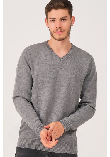 V0036 Dewberry Erkek V-neck Kazak-gri Gri