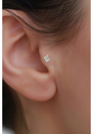 14 Ayar Altın Sıralı Baget Tragus Piercing Sarı
