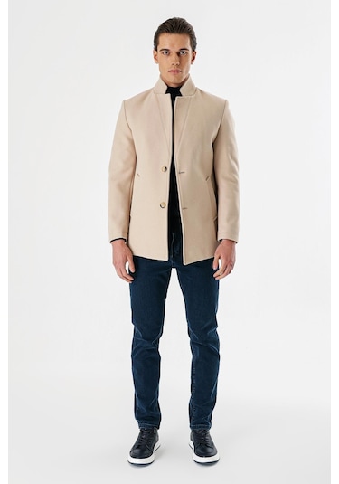 Açık Bej Kaşe Dik Yaka Astarlı Slim Fit Dar Kesim Casual Mont 1007235170-Açık Bej