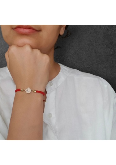 Rosa İsmine Özel 14 Ayar Altın Plakalı Nar Motifli İpek Örgülü Hediye Bileklik-323isim-kırmızı Altın