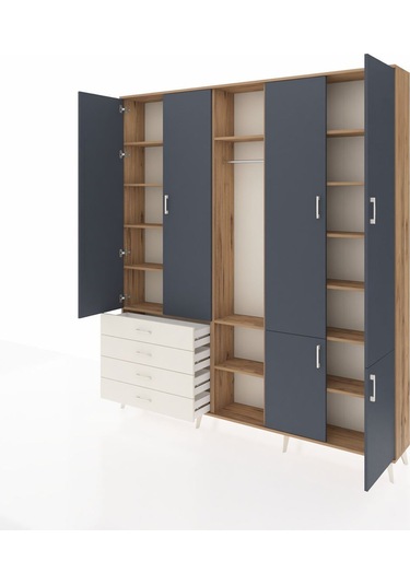 Arges Dolap 14 Raflı 4 Çekmeceli Tek Askılı 220x30x243 Çam-antrasit/aytaşı Antrasıt/aytası