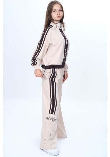Kız Çocuk 2 İplik Yarım Fermuarlı Garnili Eşofman Takımı %100 Pamuk Rahat Kalıp-325 Bej