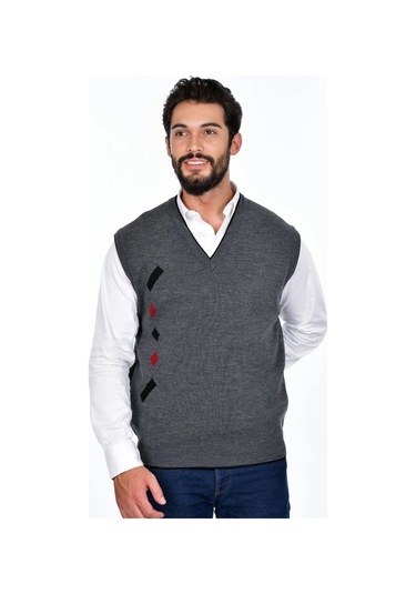 Kamalı Gri Erkek Çelik Örgü Kışlık Kalın Triko V Yaka Triko Örgü Tüylenmez Süveter Gri