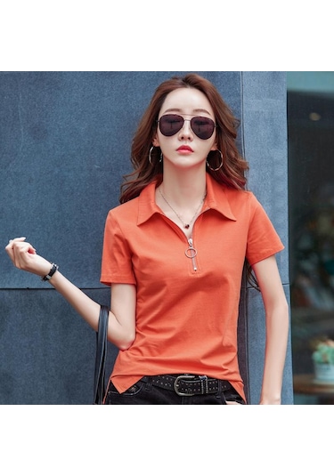 Turuncu Fermuar Turn-down Yaka T Gömlek Kadın Kısa Kollu Yaz Üstleri Pamuk Tshirt Kadın Kore Giysileri Tee Gömlek Femme Turuncu Turuncu Fermuar Turn-down Yaka T Gömlek Kadın Kısa Kollu Yaz Üstleri Pamuk Tshirt Kadın Kore Giysileri Tee Gömlek Femme Turuncu