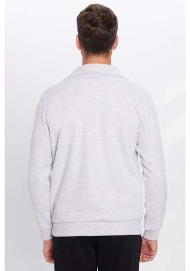 Unisex Relax Fit Rahat Kesim Fitilli Desenli Pamuklu Yarım Fermuarlı Gri Dik Yaka Sweatshirt-31991 Gri