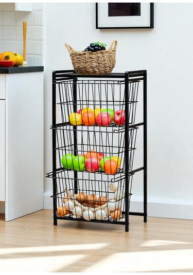 Dekoratif Siyah Metal Sebzelik 3 Raflı Tel Sepetli Çok Amaçlı Stand Siyah