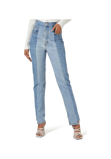 E L V Denim Iki Renkli Düz Kesim Kot Pantolon Orta Mavi