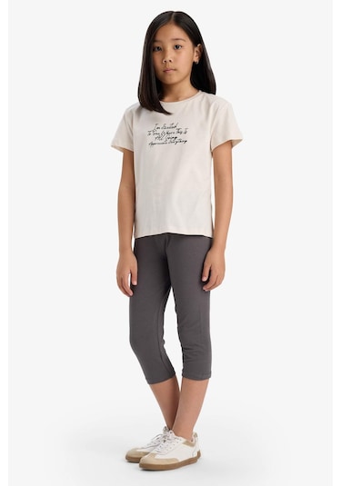 Defacto Kız Çocuk Bisiklet Yaka Baskılı Kısa Kollu Tişört E5892a825smbg697 Bej