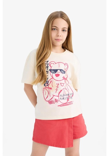 DeFacto Kız Çocuk Relax Fit Baskılı Bisiklet Yaka Kısa Kollu Tişört E0389A825SMER134 Ekru