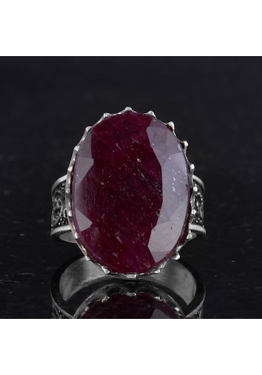 Gerçek Doğal Taş Yüzüğü - 925 Ayar Gümüş Büyük Yüzük - El Yapımı Yüzük Yakut Gümüş