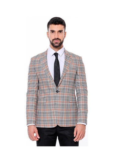 Wessi Ekose Desenli Slim Fit Turuncu Siyah Erkek Ceket - Wessi Turuncu