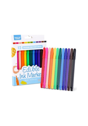 12 Renkli Yenilebilir Pasta Dekorasyon Kalemi - Kurabiye Ve Kekler İçin Çok Renkli Çok Renkli