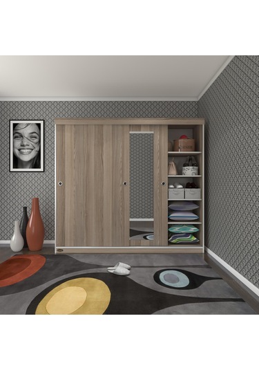 Kenzlife Gardırop Sürgülü Kapaklı Kapılı 200 Papatya Crd Aynalı Gardolap Dolap