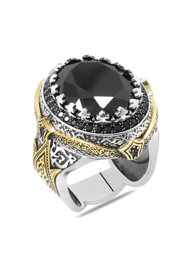 Faset Kesim Siyah Zirkon Taşlı Kral Tacı Tasarım 925 Ayar Gümüş Erkek Yüzük