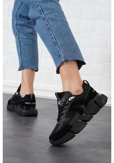 Kadın Ortopedik Tabanlı File Detaylı Sneaker Spor Ayakkabı Siyah