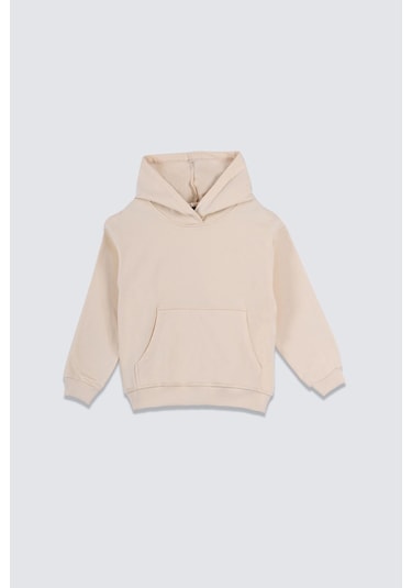 Zuzunga Basic Kapüşonlu Şardonlu Kanguru Cep Detaylı Çocuk Sweatshirt 3-10 Yaş Ekru