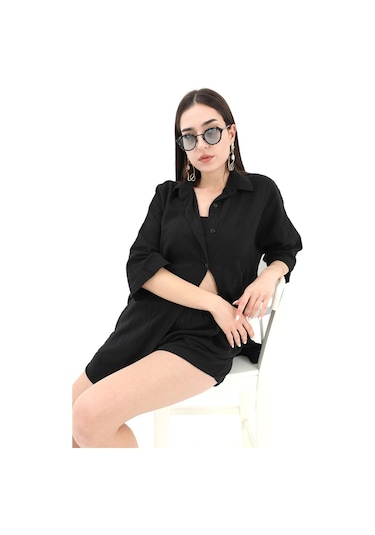 Pamuk Keten Şort Gömlek Kadın İkili Takım - Siyah-siyah Siyah