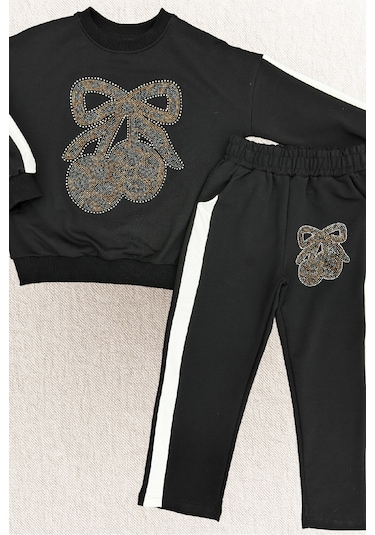 Kız Çocuk Taş İşlemeli Kiraz Ve Fiyonk Desenli-2 İplik-alt-üst Takım-5-12 Yaş 12445 Siyah