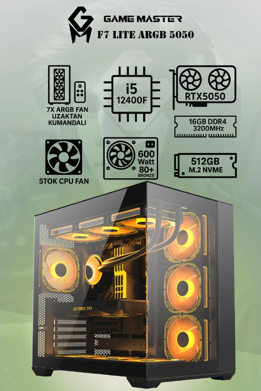 Game Master F7 Lite Argb i5-12400F 16 GB 512 GB SSD RTX5050 Free Dos Masaüstü Oyuncu Bilgisayarı