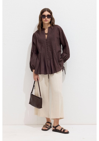 Nervür Detaylı Vual Tunik Kahverengi