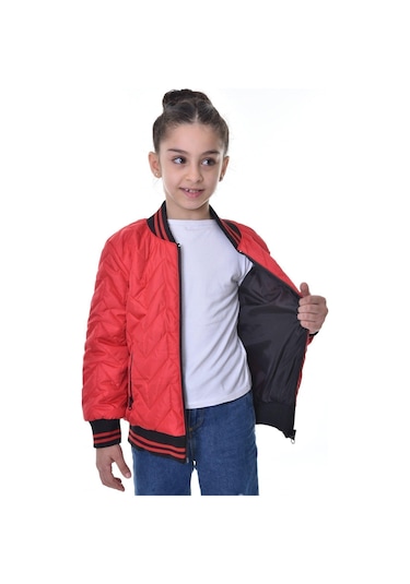 Kız Çocuk Kolej Yaka Astarlı Su Ve Rüzgar Geçirmez Fermuarlı Mont Ceket Kırmızı