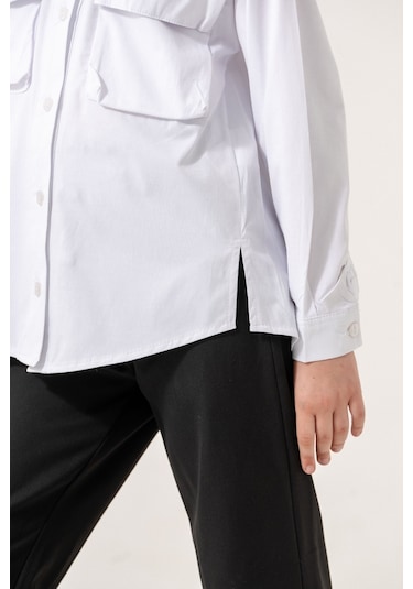 Kız Çocuk Körük Cepli Gömlek 6402 Beyaz