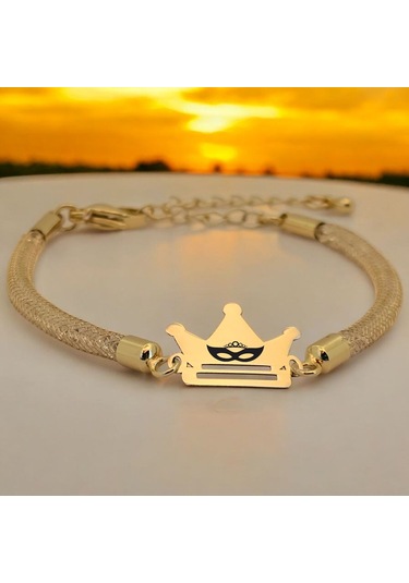 Archin Bal Maske Temalı 14 Ayar Altın Plakalı Hasır Kordonlu Taç Figürlü Hediye Bileklik-464sembol Bal Maske