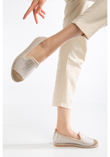 Suins Lujo Model Siyah&ten Taş İşlemeli Kadın Babet Ayakkabı Ten