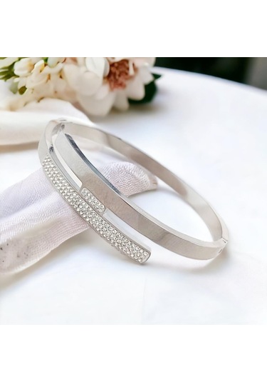 Şık Zirkon Taşlı Çelik Kelepçe Bileklik - Kararmaz Gümüş Kaplama Gümüş