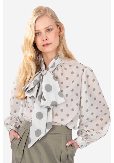 Kadın Puantiye Desenli Fularlı Bluz Frn1003 Bej