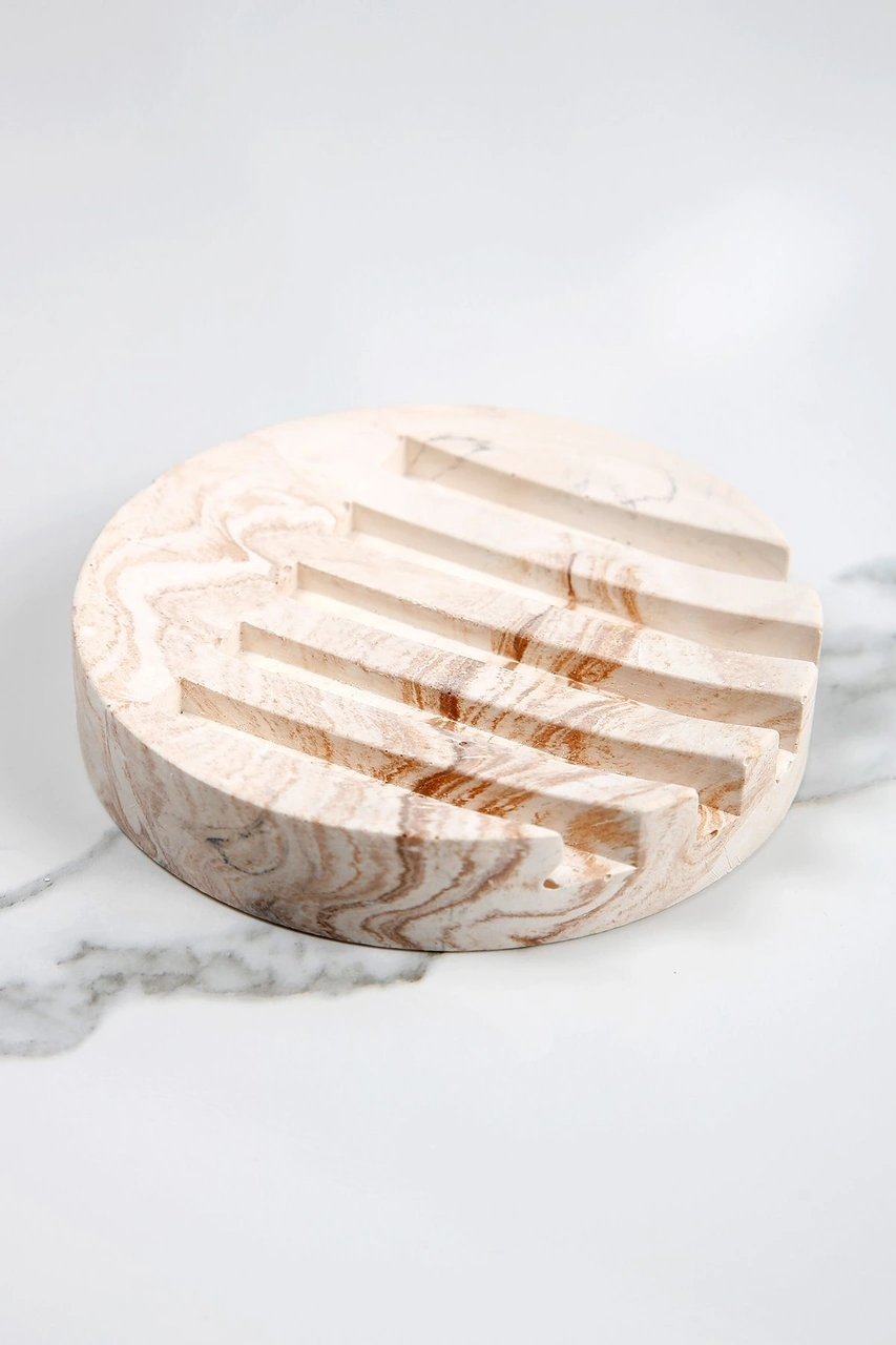 Mermer Desenli Yuvarlak Model Beton Katı Sabunluk Su Giderli 10 Cm Bej