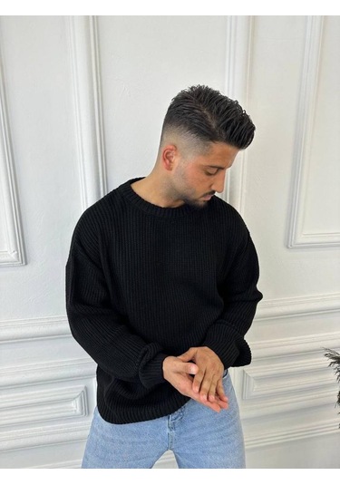 Kazak Oversize Çift Kat Örme Naturel Pamuk Bol Kesim Tüylenmeyen Salaş Triko Kazak Siyah