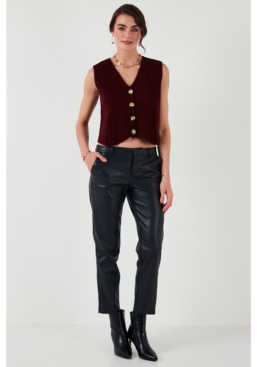 Lela Standart Fit V Yaka Düğmeli Triko Bayan Yelek 4616177 Bordo