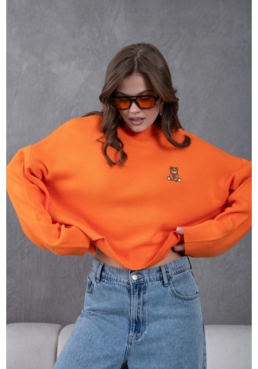 Kadın Dik Yaka Oversize Nakışlı Triko Kazak Turuncu