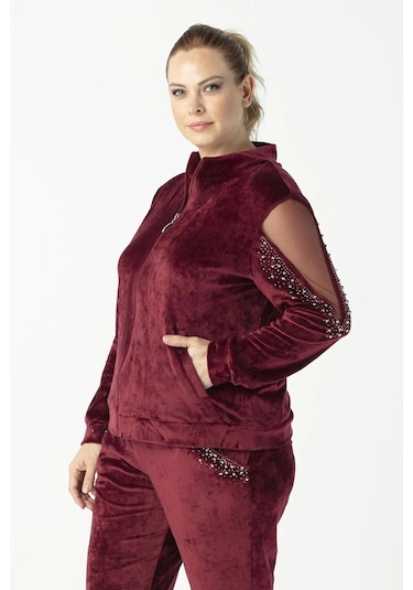 1950 Kolları Taşlı Tam Kalıp Tarz Kadife Büyük Beden Eşofman Takım Bordo Bordo