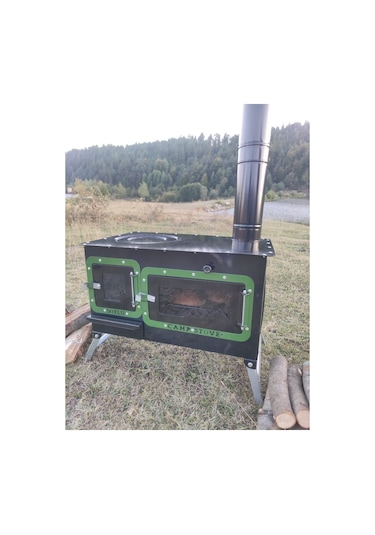 Yeşil Çadır Sobası Kuzineli Fırınlı Taşınabilir Kamp Sobası Yeşil