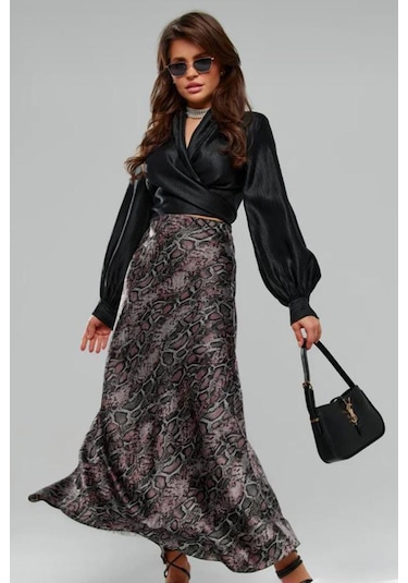 Madmext Lila Desenli Saten Kadın Uzun Etek Mg2333 Lila