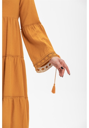 Uzun Kol Seçil Pazen Uzun Elbise Hardal Hrd