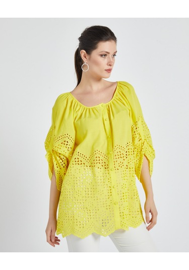 Kadın Pamuk Gömlek Ajurlu Detaylı, Rahat Kalıp Yazlık Tasarım Sarı