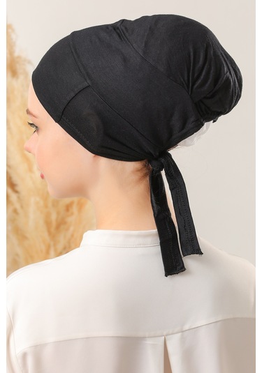 Melodi Scarf Tesettür Silikonlu Kaymaz Bone - Likralı Bağlamalı Bone - Sıkmayan Rahat Nefes Alan Kumaş Siyah
